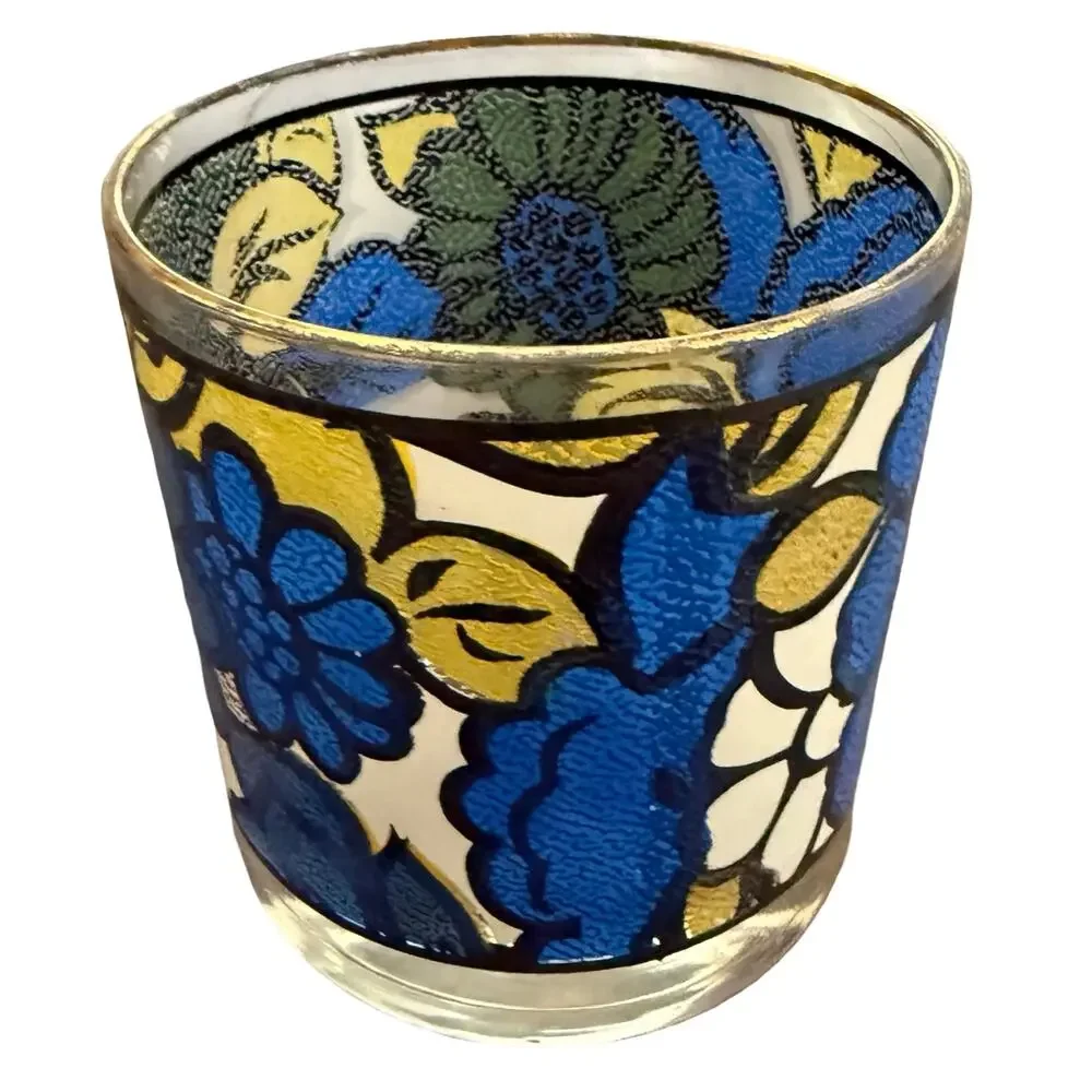 Vintage 1960s CCC Hazel Atlas Blue Yellow Floral Faux Stained Glass Set of 5 - Picture 11 of 16